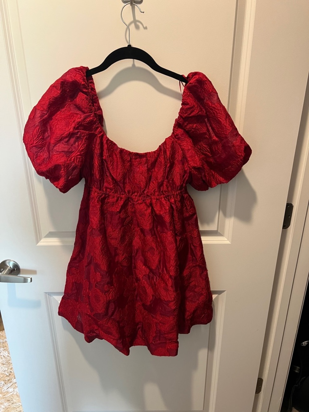 Vici Red Puff-Sleeve Tunic with Textured Floral Jacquard